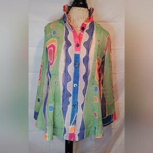Trisha Tyler Button Down Sheer Blouse Multicolored Geometric Design Size Small
